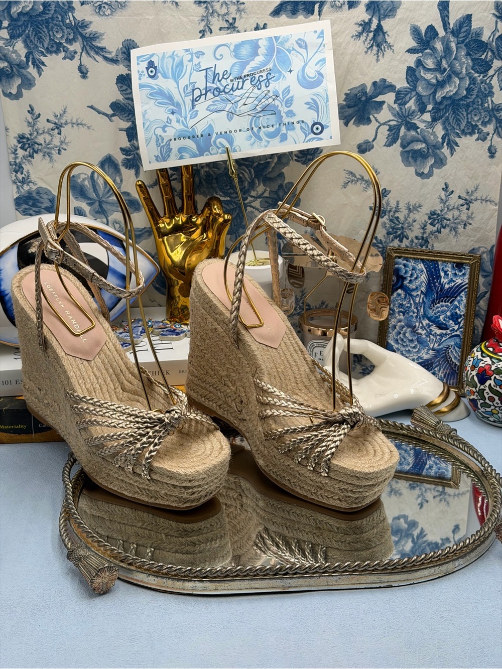 🆕 LOEFFLER RANDALL 🧿 NWOB Pamela Mignon Pale Gold Metallic Leather Wedge, Sz 7 - Picture 2 of 13